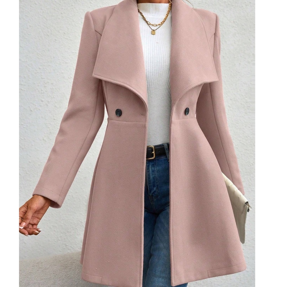 Classic Wide Collar Flare Hem Button Oversized Pea Coat - Picture 6 of 13